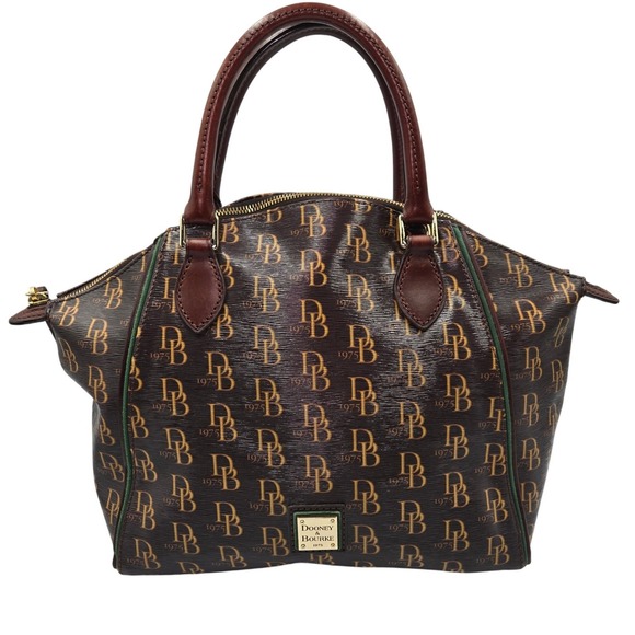Dooney & Bourke Handbags - Dooney & Bourke Monogram Satchel Bag Brown Gold DB‎ Logo 1975 Leather Trim